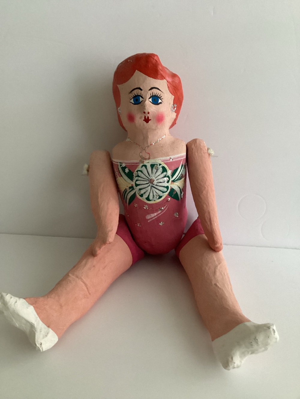 Vintage Mexican Paper Mache Doll Folk Art Hand Painted Articulated Lupita Doll